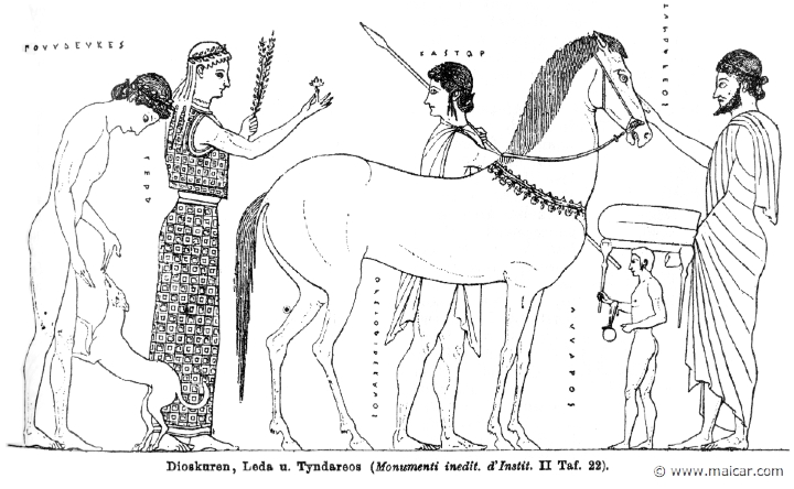 RI.1-1173.jpg - RI.1-1173: The Dioscuri (Polydeuces to the left and Castor behind the horse), Leda, and Tyndareus.Wilhelm Heinrich Roscher (Göttingen, 1845- Dresden, 1923), Ausfürliches Lexikon der griechisches und römisches Mythologie, 1884.